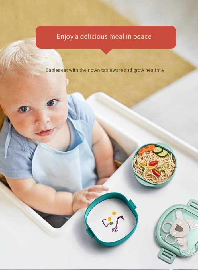 أطفال الهوغوز أدوات المائدة الخاصة بالأطفال صندوق الغداء إناء الطعام المحمول الغطاء مجموعة المقص إناء الملعقة متعدد القطع مجموعة الطعام مع وظيفة التجليخ سهولة تنظيف درجة الحرارة القابلة للضبط (أخضر) - Image 5