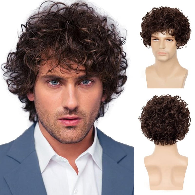Beweig Short Curly Brown Wigs for Men Short Layered Natural Looking Hair Heat Resistant Synthetic Wigs with Wig Cap