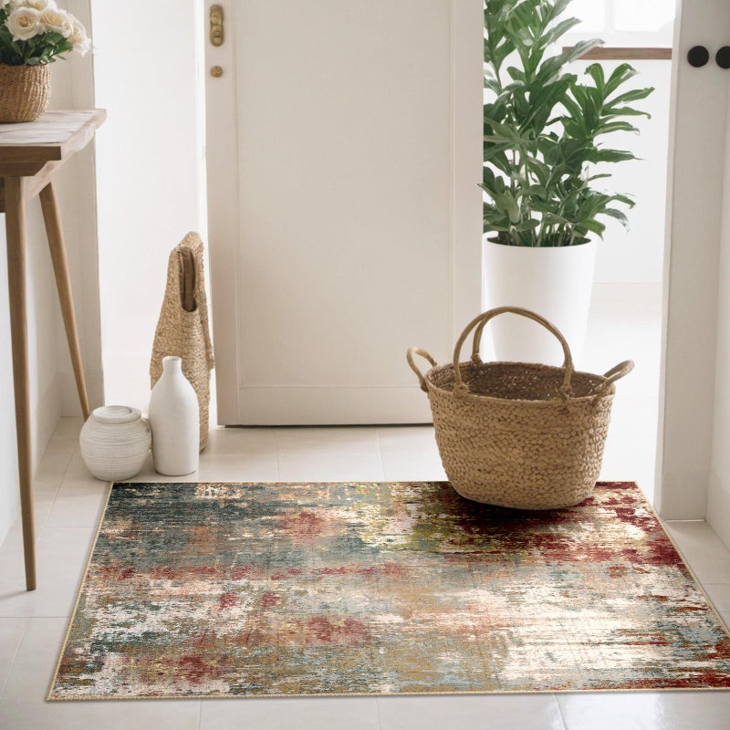 Releany Washable Area Rugs 4'X6' Non-Slip Modern Abstract Soft For Living Room Entryway Bedroom Brown Rust Red Multi - Image 2