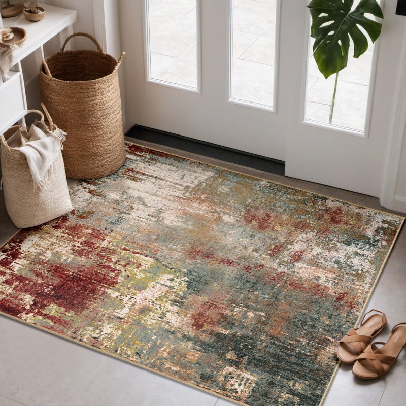 Releany Washable Area Rugs 4'X6' Non-Slip Modern Abstract Soft For Living Room Entryway Bedroom Brown Rust Red Multi - Image 1