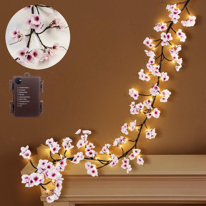 LIGHTED CHERRY BLOSSOM GARLAND WITH TIMER 48 LED FAIRY LIGHTS 6FT FOR MANTLE ARTIFICIAL FLOWER VINES WITH LIGHTS 8 MODES BATTERY OPERATED HOME FIREPLACE WEDDING PARTY ROOM DECOR