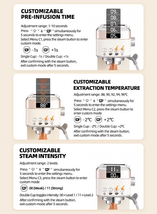 الحلم ماكينة قهوة RUIYADA للمنزل والمكتب، ماكينة إسبريسو شبه أوتوماتيكية مع ضغط منخفض قبل التخمير، استخلاص مركّز 20 بار وعصا بخار للحليب الرغوي – مثالية لمحبي القهوة والمقاهي الصغيرة - Image 5