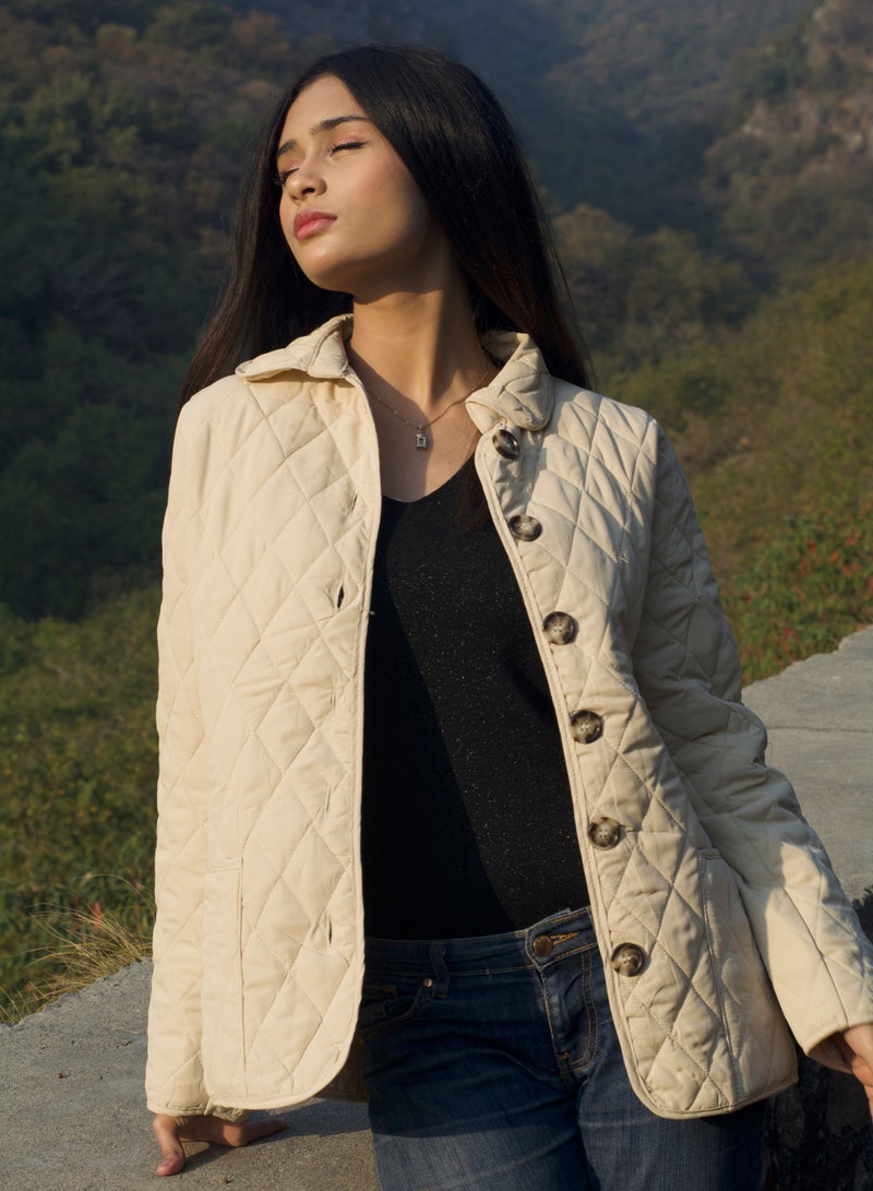 P FOR PRETTY Beige Mid Length Padded Jacket - Image 1