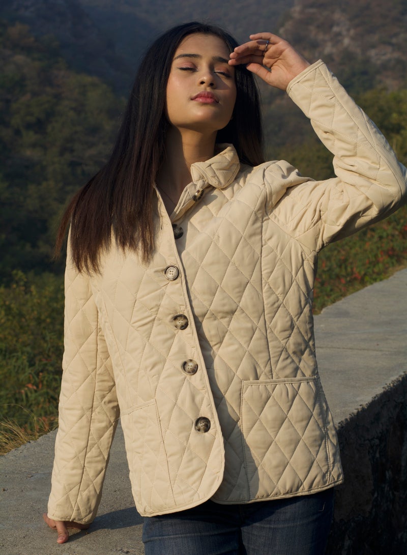 P FOR PRETTY Beige Mid Length Padded Jacket - Image 2