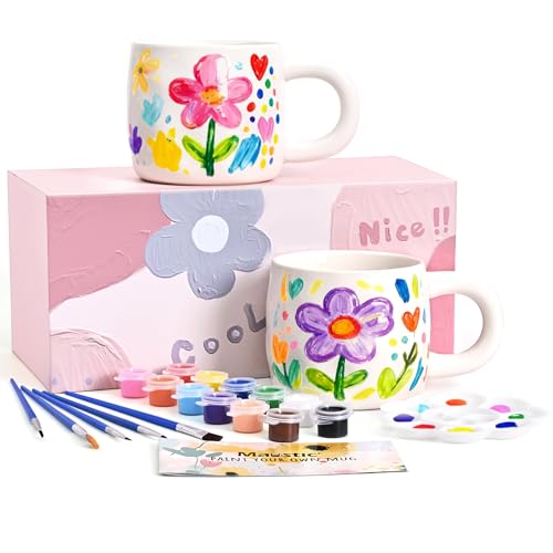 Maustic Mug Painting Kit, Paint Your Own Mug Kit, 2 Pcs Ceramic Mugs to Paint, Mothers Day Fathers Day Valentine's Day DIY Gift Kits, Includes 2 Paintable Mugs 13 Oz, Paints, Brushes - Image 1
