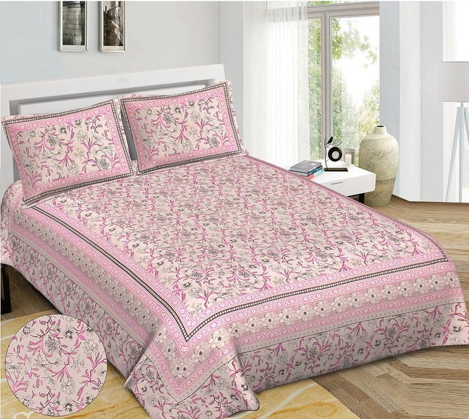 144TC COTTON RAJASTHANI PRINTED SUPER KING SIZE JAIPURI DOUBLE BEDSHEET WITH 2 PILLOW COVERS PCI48264
