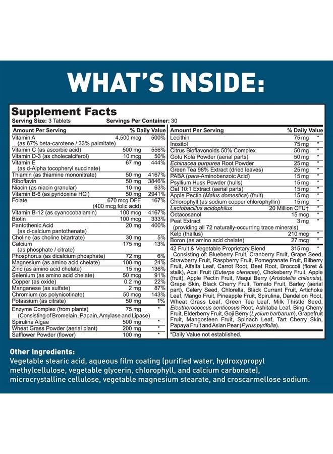 Dr. Tobias Adult Multivitamin for Women & Men, Energy & Immune Support from 42 Fruits & Vegetables Plus Probiotics, Comprehensive Daily Multivitamins for Men & Women, Non-GMO, 90 Tablets, 30 Servings - Image 2