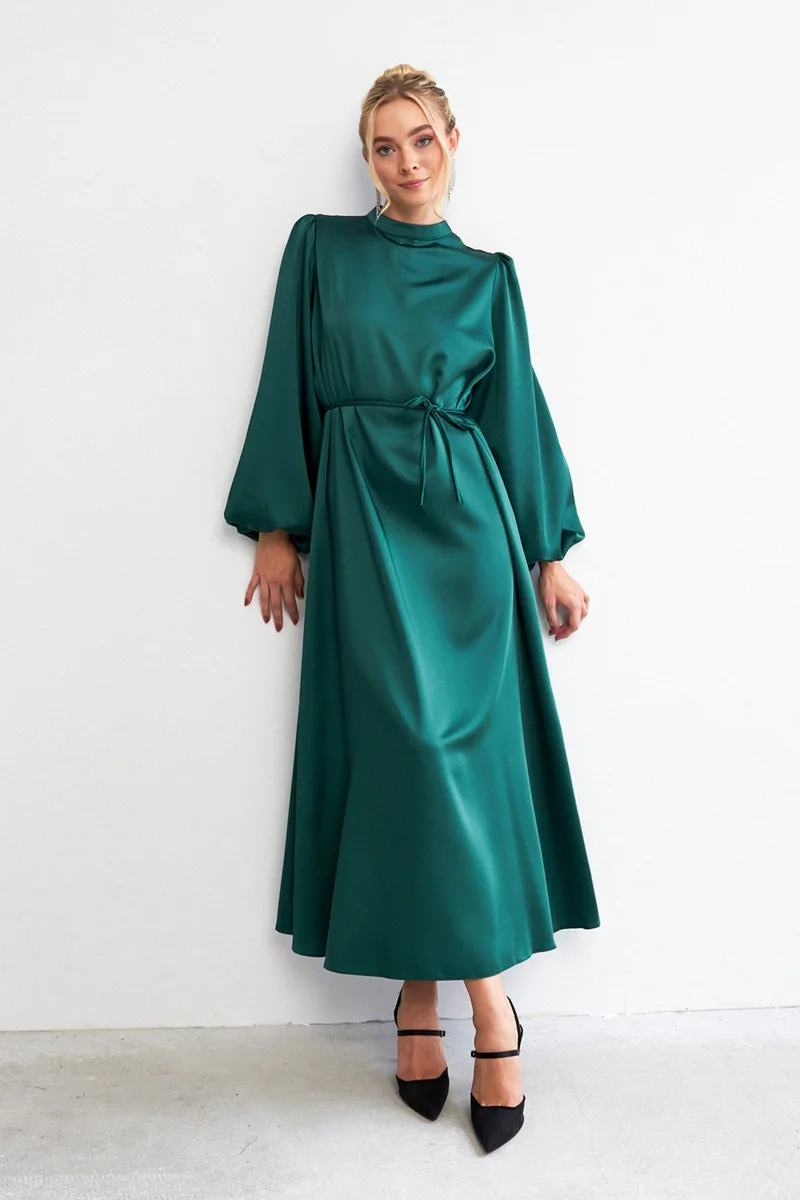 Vavinor Balloon Sleeve Satin Evening Dress - Emerald