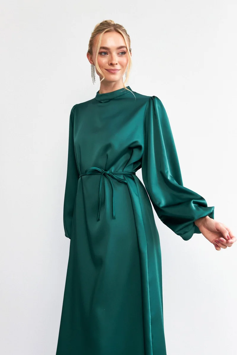 Vavinor Balloon Sleeve Satin Evening Dress - Emerald
