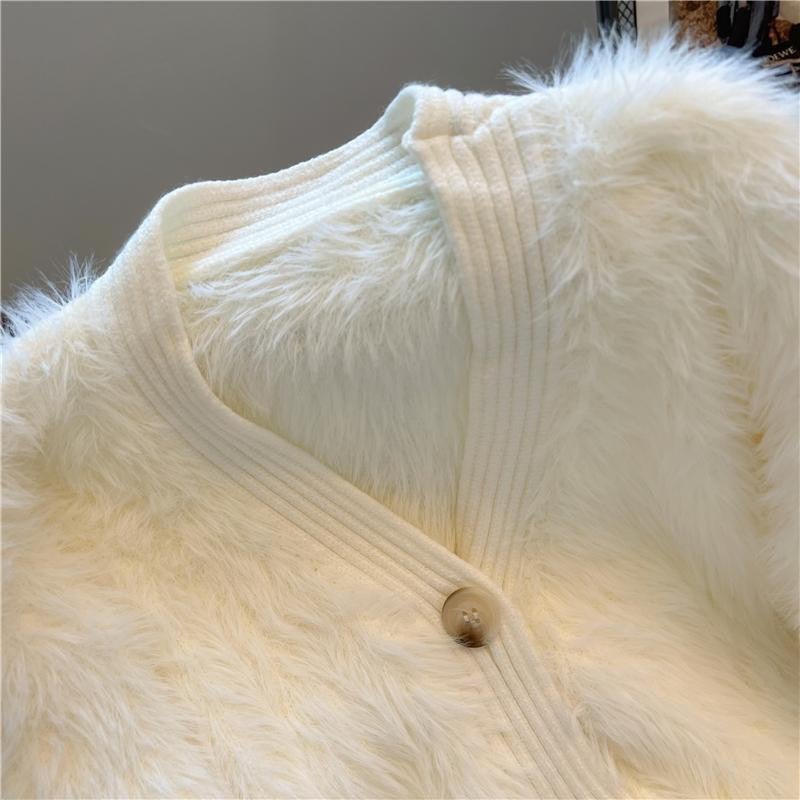 Soft Waxy Style Short Coat Style Small Fragrant Style Creamy White Knitted Cardigan Thickened V-Neck Lazy Sweater Top - Image 5