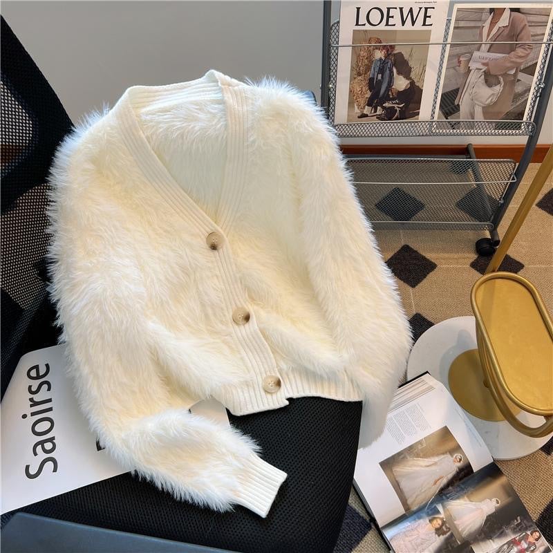 Soft Waxy Style Short Coat Style Small Fragrant Style Creamy White Knitted Cardigan Thickened V-Neck Lazy Sweater Top - Image 2