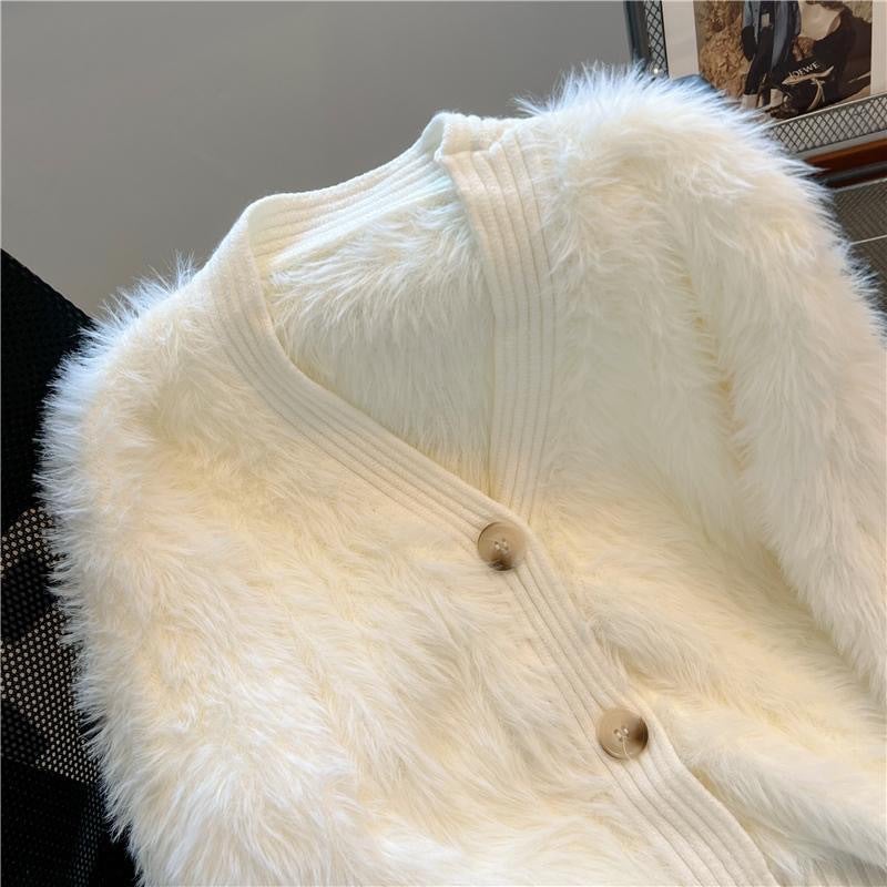 Soft Waxy Style Short Coat Style Small Fragrant Style Creamy White Knitted Cardigan Thickened V-Neck Lazy Sweater Top - Image 4