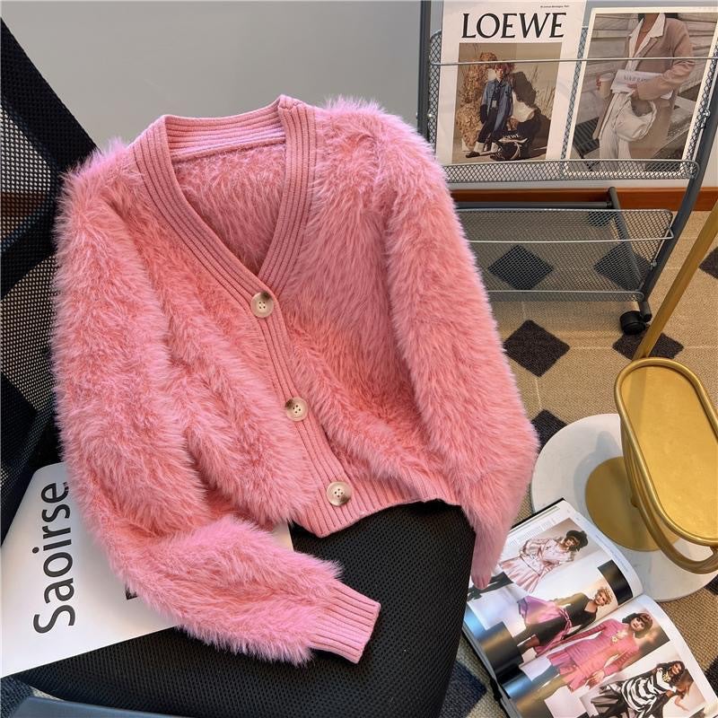 Soft Waxy Style Short Coat Style Small Fragrant Style Creamy White Knitted Cardigan Thickened V-Neck Lazy Sweater Top - Image 3
