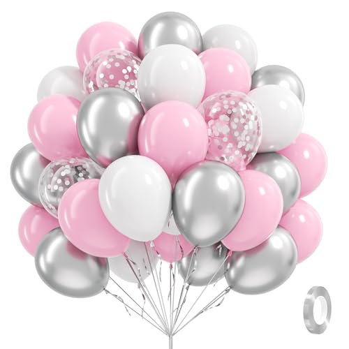 Leraqertra 60pcs Pink and Silver Balloons 12inch with Pink White Silver Confetti Balloons for Graduation Baby Shower Birthday Party Decorations - Image 1