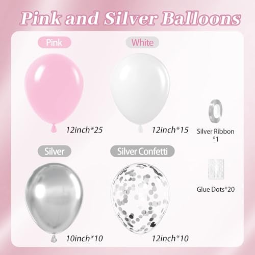Leraqertra 60pcs Pink and Silver Balloons 12inch with Pink White Silver Confetti Balloons for Graduation Baby Shower Birthday Party Decorations - Image 5
