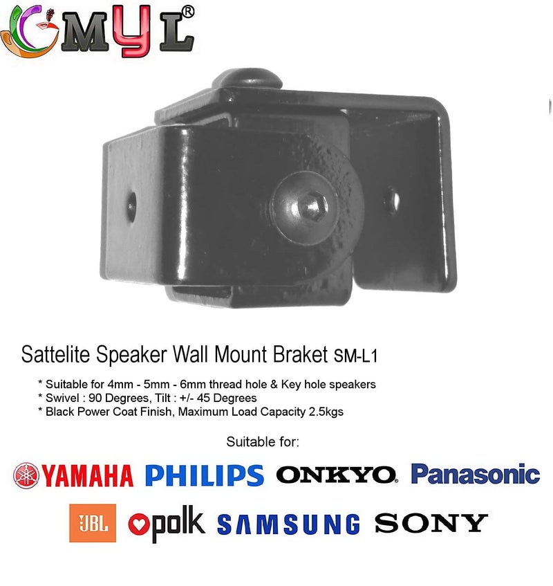 myl-SM-L1 - Speaker Wall Mount Stand - Bracket 2 Nos for 4 mm, 5 mm & 6.35mm (¼ inch) Thread Hole/Keyhole Speakers - Universal Type (3 Mounts, Black) - Image 2