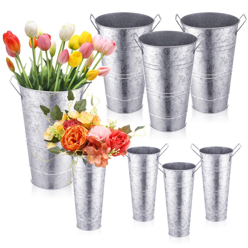Chumia 8 Pcs Flower Buckets Bulk Galvanized 126 Inch and 9 Inch Fall Harvest Thanksgiving Flower Bar Supplies Table Decor Vase Wedding Tall Metal French Rustic Vintage Decorative Farmhouse Florist