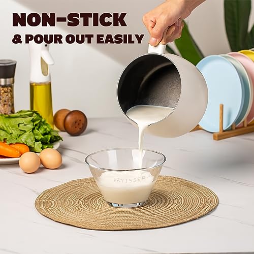 LISOS 2.5 Quart Non-stick Ceramic Sauce Pan with Lid, Small Milk Pots for Cooking with Pour Spout, Aluminum stock Pot Wood Handle for kitchen, PFAS-Free, White - Image 2
