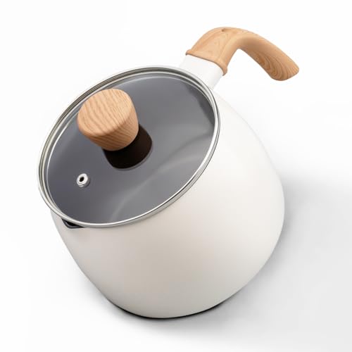 LISOS 2.5 Quart Non-stick Ceramic Sauce Pan with Lid, Small Milk Pots for Cooking with Pour Spout, Aluminum stock Pot Wood Handle for kitchen, PFAS-Free, White - Image 1