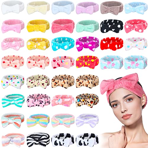 Yinder 40 Pack Bow Spa Headband Coral Fleece Makeup Headband Soft Face Wash Headbands Cosmetic Skin Care Headbands Facial Head Wraps Cute Bow Head Bands for Women Girls Shower Supplies(Various Style) - Image 1