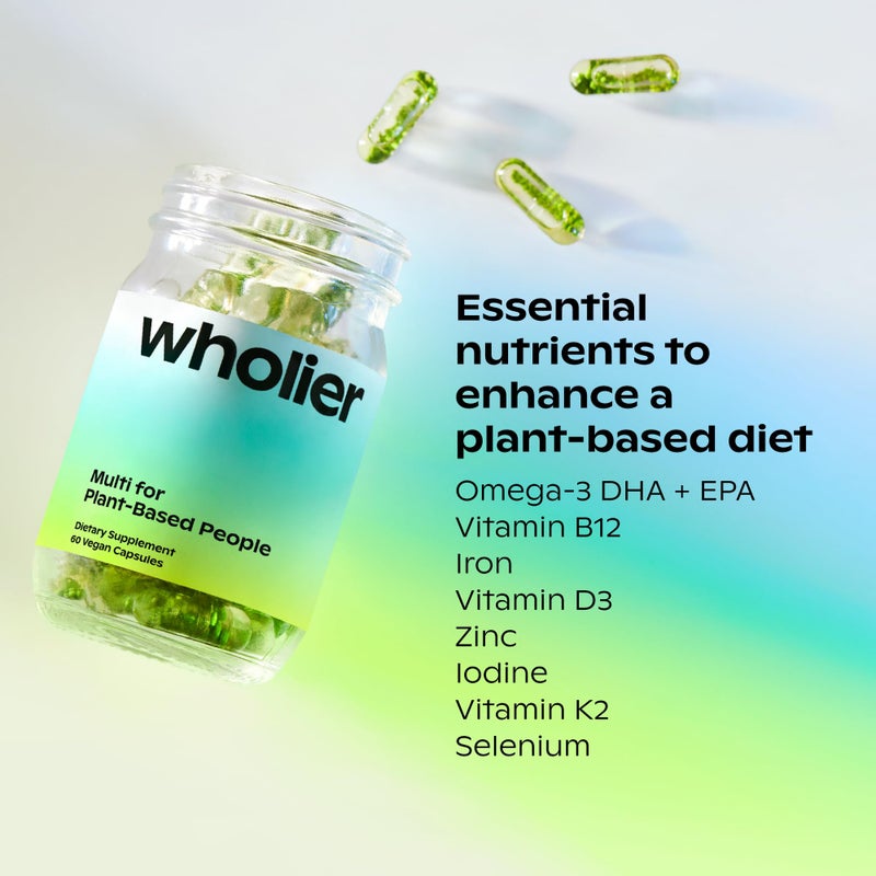 wholier Plant Based Multivitamin Vegan Omega-3 DHA EPA, Vitamin D, Vitamin B12, Zinc, Vitamin K2, Iron, Iodine, Selenium. 60 Count (30-Day Supply) Glass Bottle - Image 2