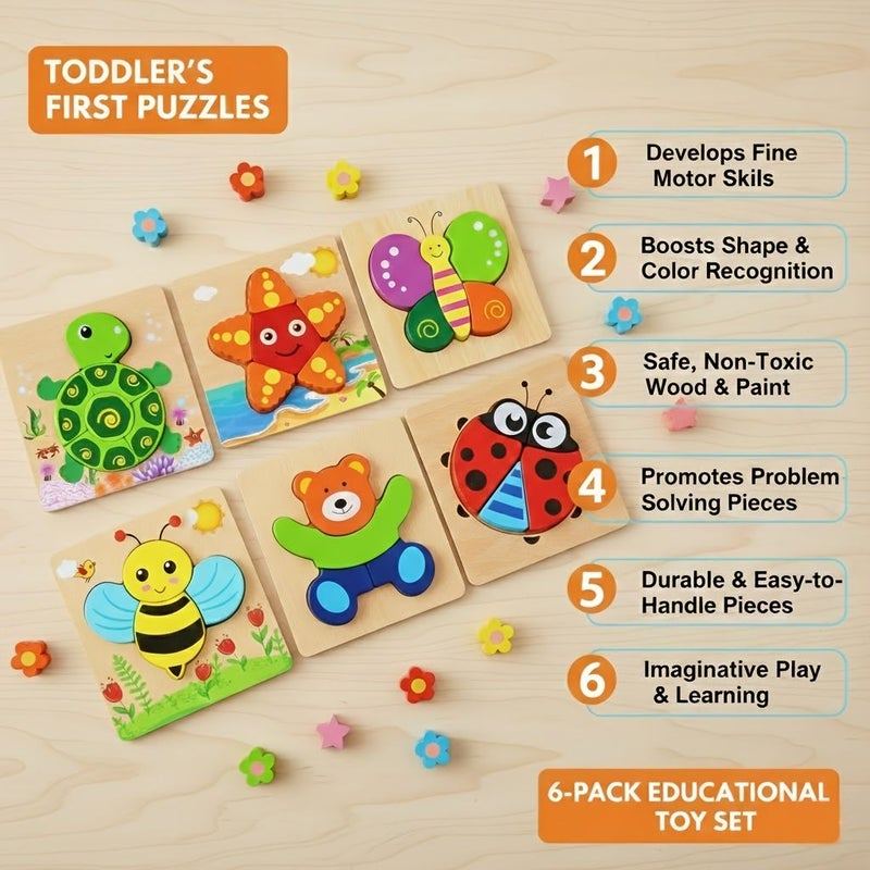6 Pack Wooden Jigsaw Puzzles For Toddlers 1 Year Old Educational Animal Shape Peg Puzzles First Learning Toy Gift For Boys And Girls Fine Motor Skill Development - Image 3