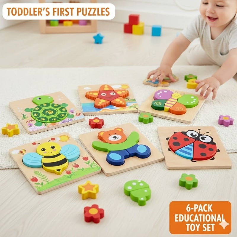 6 Pack Wooden Jigsaw Puzzles For Toddlers 1 Year Old Educational Animal Shape Peg Puzzles First Learning Toy Gift For Boys And Girls Fine Motor Skill Development - Image 2