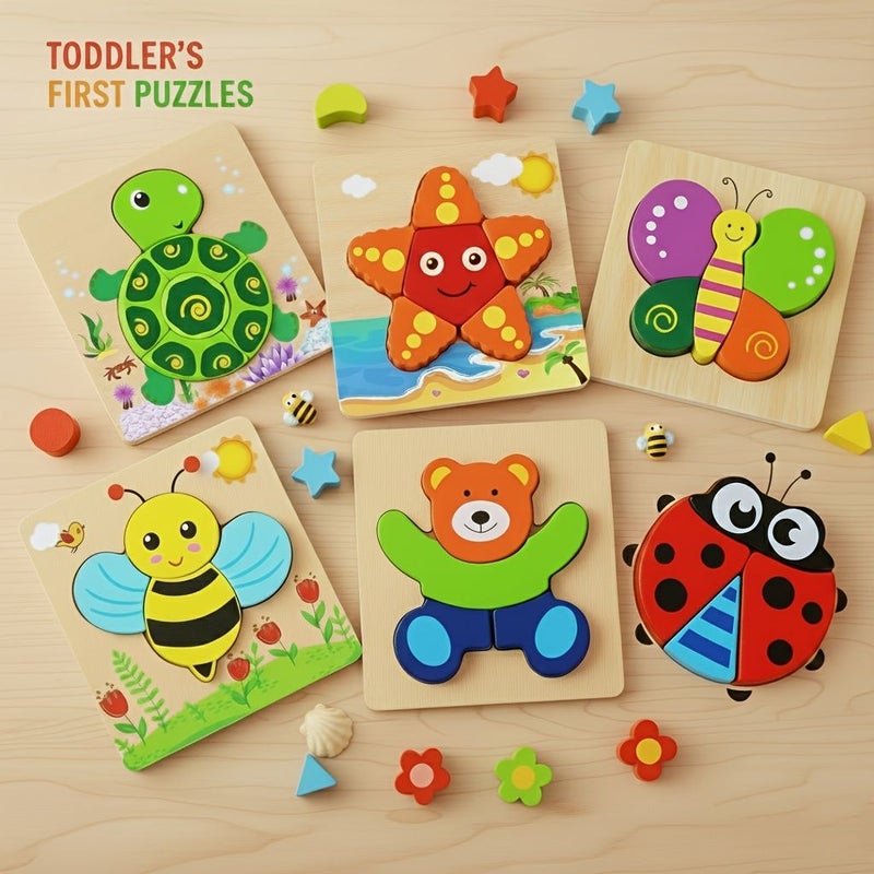 6 Pack Wooden Jigsaw Puzzles For Toddlers 1 Year Old Educational Animal Shape Peg Puzzles First Learning Toy Gift For Boys And Girls Fine Motor Skill Development - Image 5