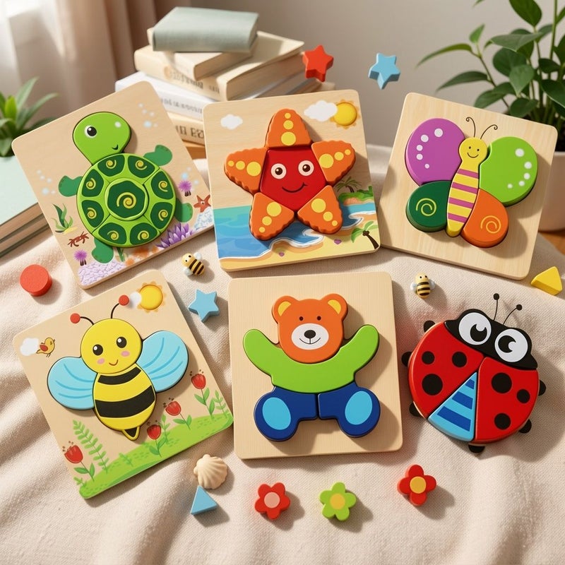 6 Pack Wooden Jigsaw Puzzles For Toddlers 1 Year Old Educational Animal Shape Peg Puzzles First Learning Toy Gift For Boys And Girls Fine Motor Skill Development - Image 1