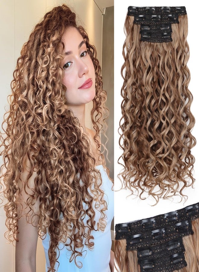 Vigorous Curly Clip In Hair Extensions,4PCS 20 inch Thick Curly Hair Extensions Lace Weft Clip Ins Invisible Natural Synthetic Hairpieces for Women,Light Brown with Blonde Highlights - Image 1
