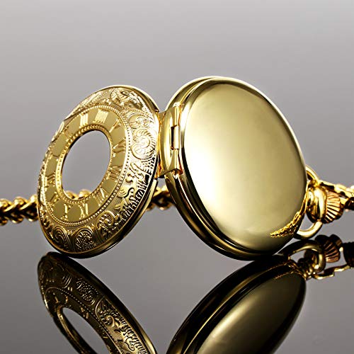 TREEWETO Men's Mechanical Skeleton Pocket Watch for Mens Women Roman Numerals Dial Golden Tone Double Case Pocket Watches - Image 3