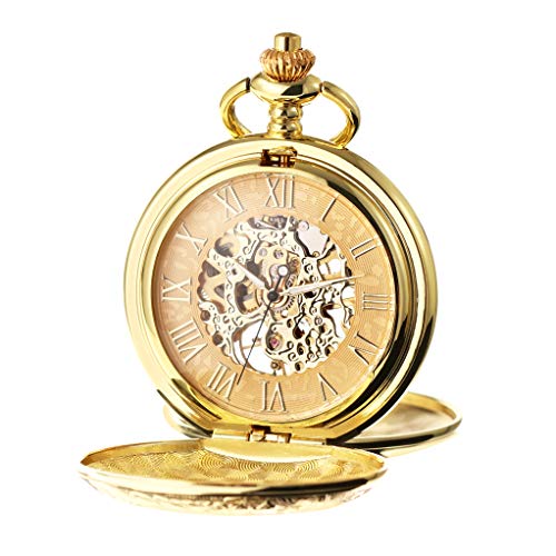 TREEWETO Men's Mechanical Skeleton Pocket Watch for Mens Women Roman Numerals Dial Golden Tone Double Case Pocket Watches - Image 1