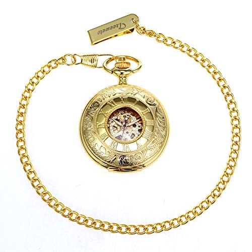 TREEWETO Men's Mechanical Skeleton Pocket Watch for Mens Women Roman Numerals Dial Golden Tone Double Case Pocket Watches - Image 5