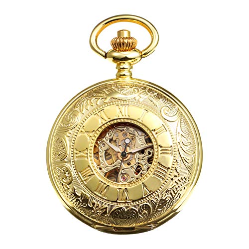 TREEWETO Men's Mechanical Skeleton Pocket Watch for Mens Women Roman Numerals Dial Golden Tone Double Case Pocket Watches - Image 2