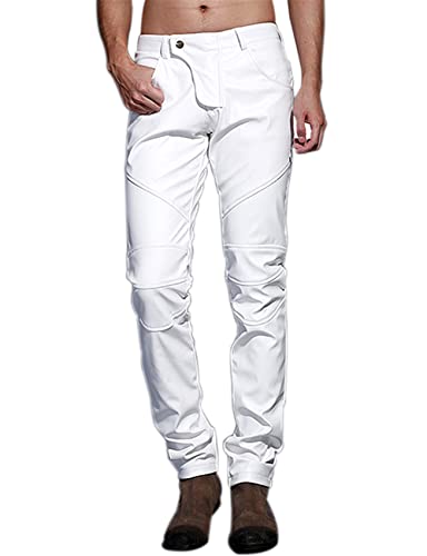 Idopy Men`s Slim Fit Party Performance Biker Faux Leather Jeans Pants (36, White) - Image 5