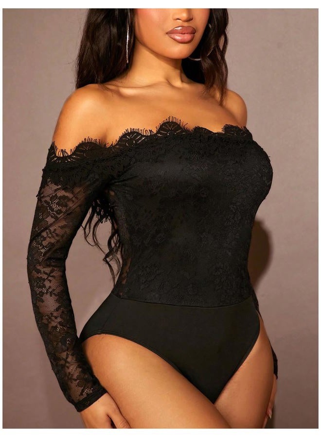 WDIRARA Women's Off Shoulder Floral Lace Bodysuit Mesh Long Sleeve Leotard Top Black Medium - Image 3