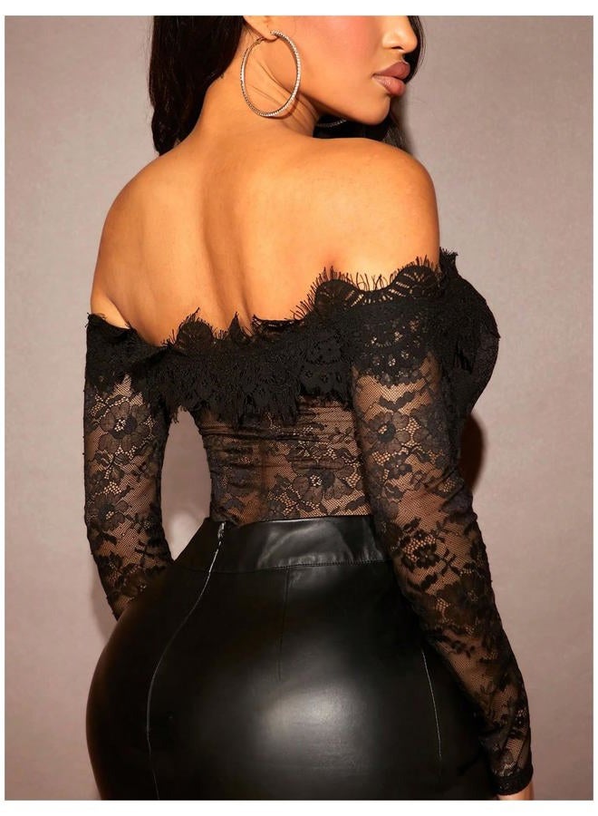 WDIRARA Women's Off Shoulder Floral Lace Bodysuit Mesh Long Sleeve Leotard Top Black Medium - Image 2