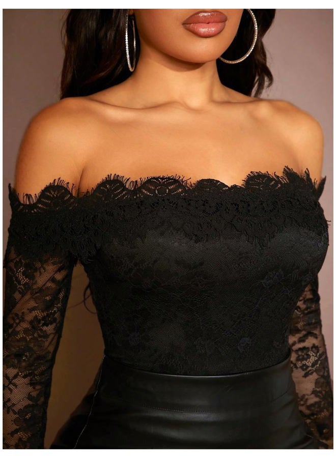 WDIRARA Women's Off Shoulder Floral Lace Bodysuit Mesh Long Sleeve Leotard Top Black Medium - Image 5