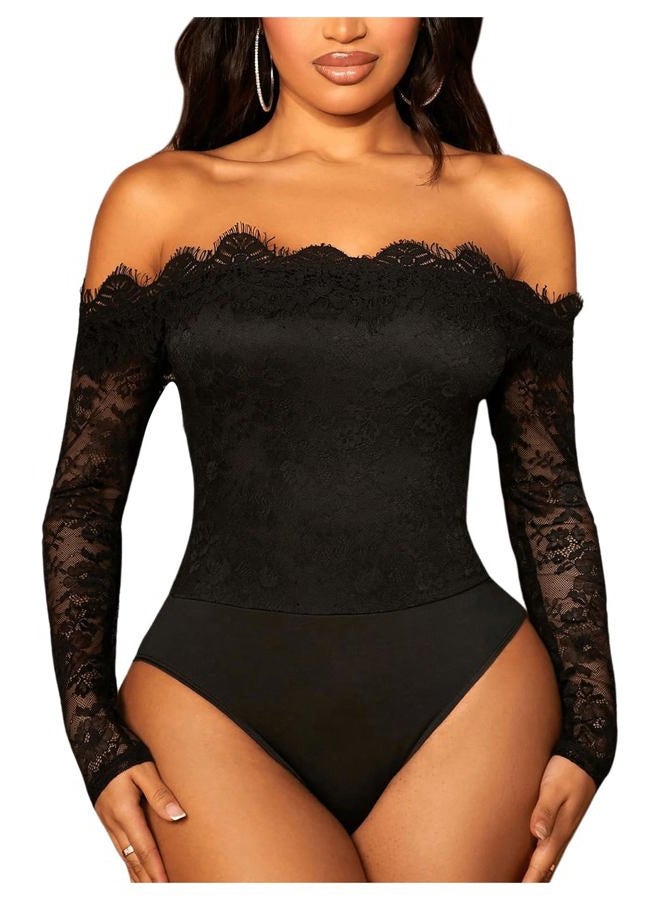 WDIRARA Women's Off Shoulder Floral Lace Bodysuit Mesh Long Sleeve Leotard Top Black Medium - Image 1