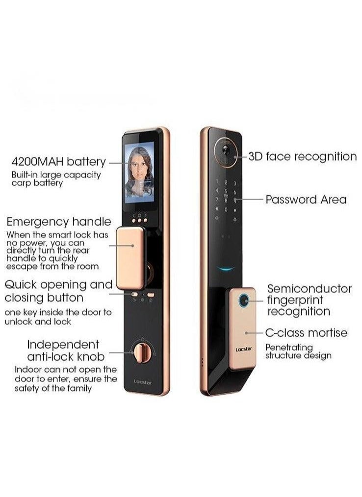 Locstar - S61 Smart Door Lock with Doorbell - WiFi, Tuya App, Fingerprint, IC Card, Password & Key Access - Home Security Enhanced (Gold) - Image 1