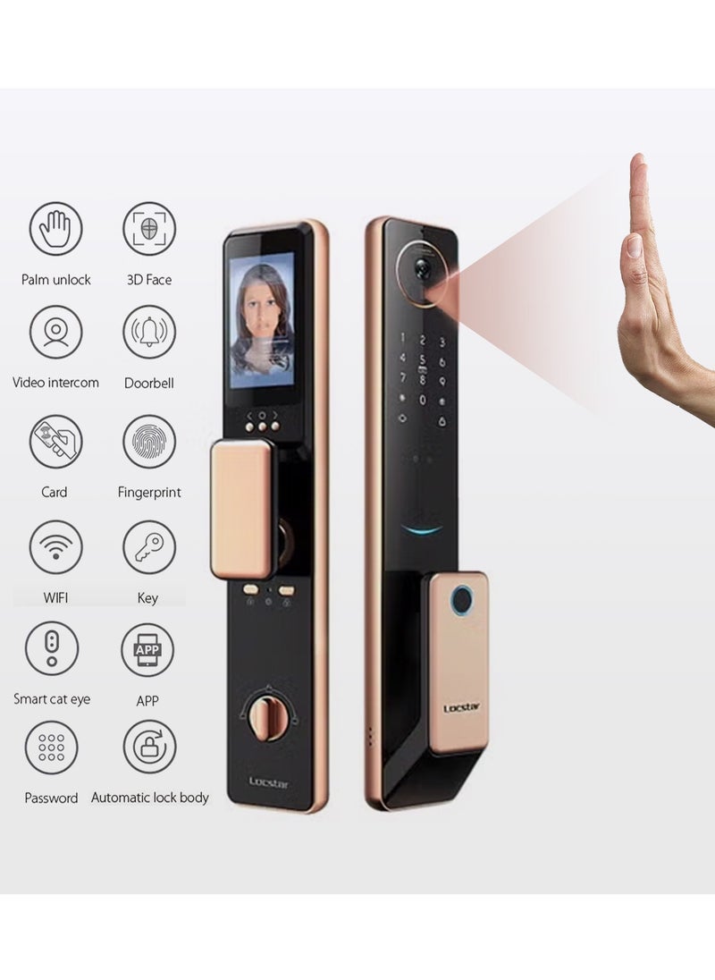 Locstar - S61 Smart Door Lock with Doorbell - WiFi, Tuya App, Fingerprint, IC Card, Password & Key Access - Home Security Enhanced (Gold) - Image 1