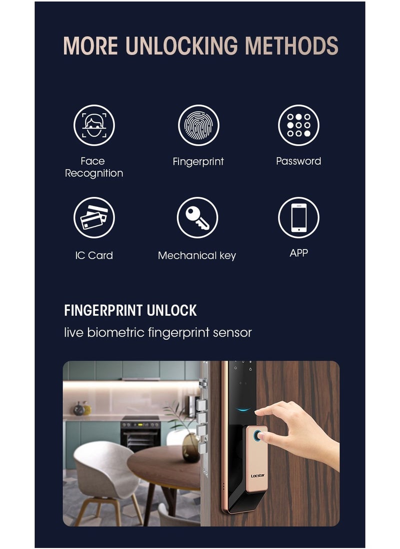 Locstar - S61 Smart Door Lock with Doorbell - WiFi, Tuya App, Fingerprint, IC Card, Password & Key Access - Home Security Enhanced (Gold) - Image 1