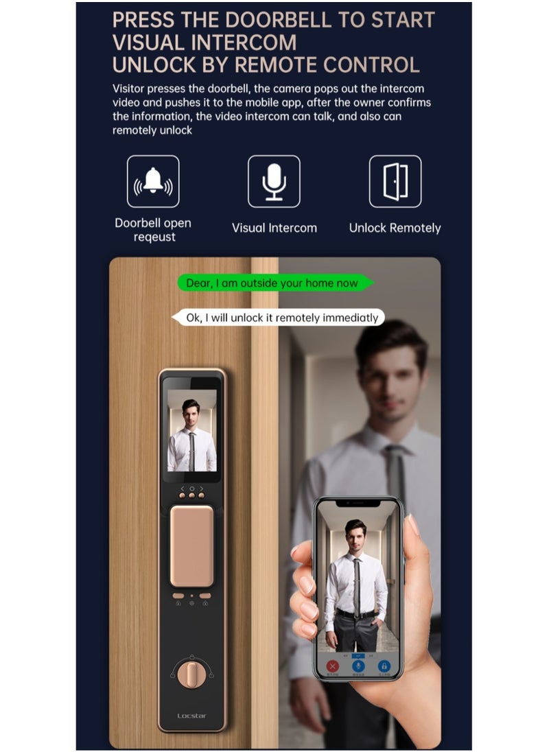 Locstar - S61 Smart Door Lock with Doorbell - WiFi, Tuya App, Fingerprint, IC Card, Password & Key Access - Home Security Enhanced (Gold) - Image 1
