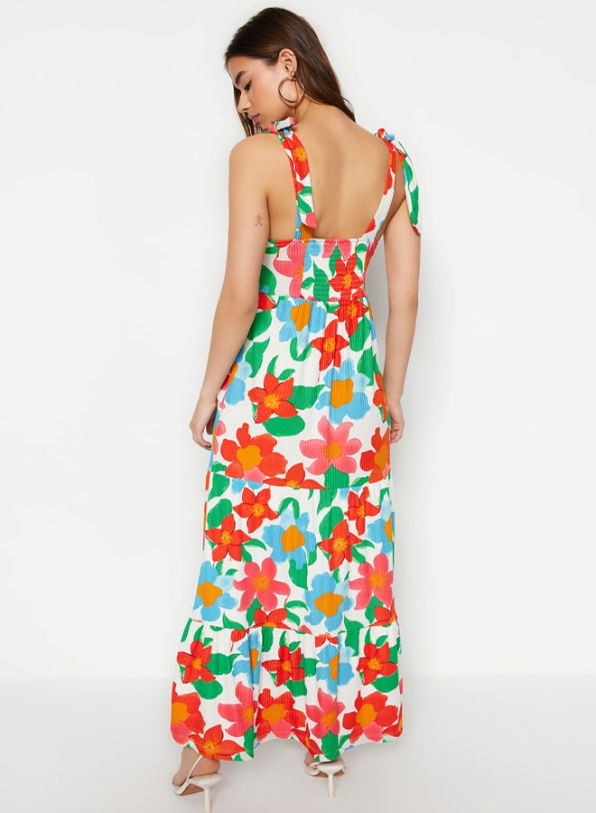 trendyol Orange Big Floral Maxi Knitted Dress - Image 5