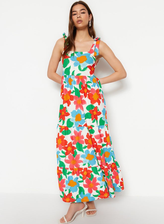 trendyol Orange Big Floral Maxi Knitted Dress - Image 3