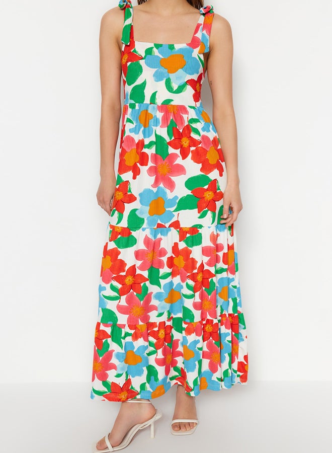 trendyol Orange Big Floral Maxi Knitted Dress - Image 4