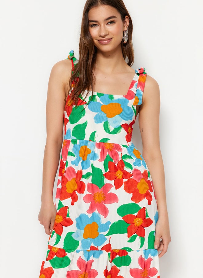 trendyol Orange Big Floral Maxi Knitted Dress - Image 2