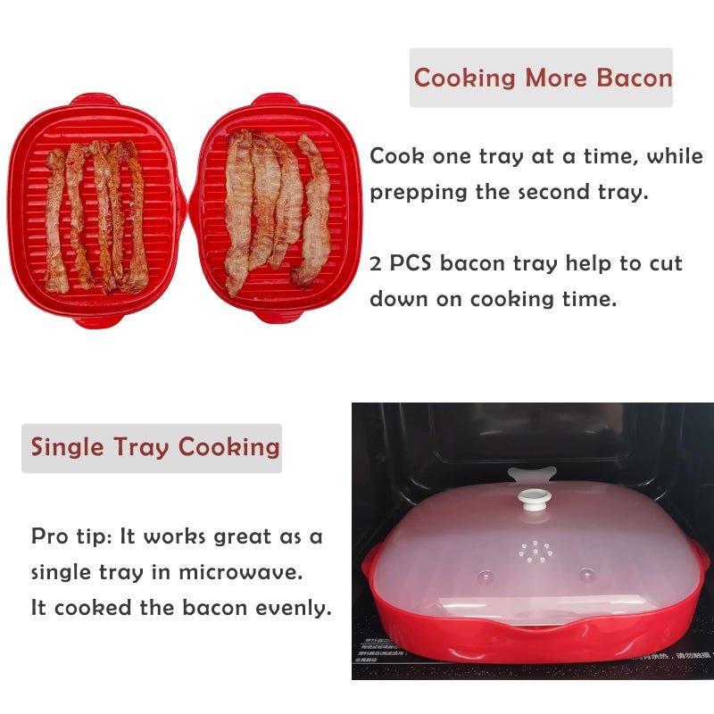 NicoSeeWonder NICO SEE WONDER Microwave Easy Bacon Maker, 2Pcs Microwavable Grill Tray, Bacon's Cooker with Splatter Lid, Make Crispy in Minutes, Red - Image 3