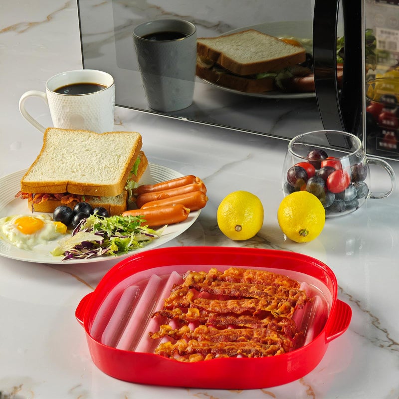 NicoSeeWonder NICO SEE WONDER Microwave Easy Bacon Maker, 2Pcs Microwavable Grill Tray, Bacon's Cooker with Splatter Lid, Make Crispy in Minutes, Red - Image 5