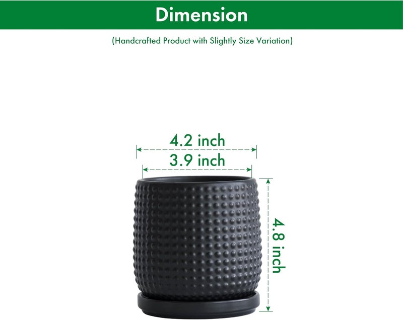 D'vine Dev Set of 2 Ceramic Plants Pots, 4 Inch Beaded Stoneware Flower Pot for Plants with Drainage Hole and Saucer, Ebony Matte, 27-E-Z-6 - Image 2